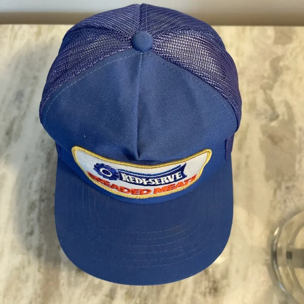 Vintage Trucker Hat Cap Snapback Blue Redi Serve Meats Food Patch 80s 90s 1